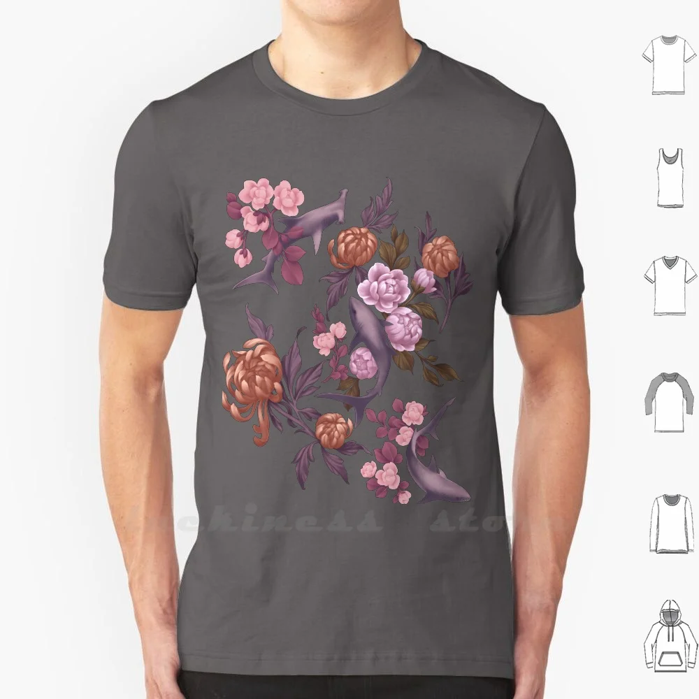 Botanical Sharks ( Pink And Gold ) T Shirt Men Women Teenage Cotton Shark Floral Botanical Chrysanthemums Blossoms Roses Marine