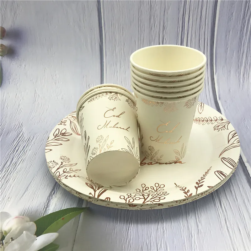 Rosegold Eid Mubarak Disposable Tableware Paper Plates Cups Napkins Banner Ramadan Kareem Islam Party Eid Al-Fitr Home Supplies