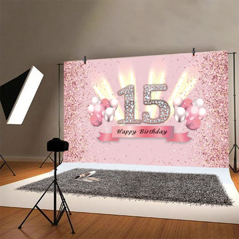 Pink Sweet 15th Photography Backdrop Balloon Rose Gold Glitter Girls Birthday Party Photo Background Banner Decoration Supplies