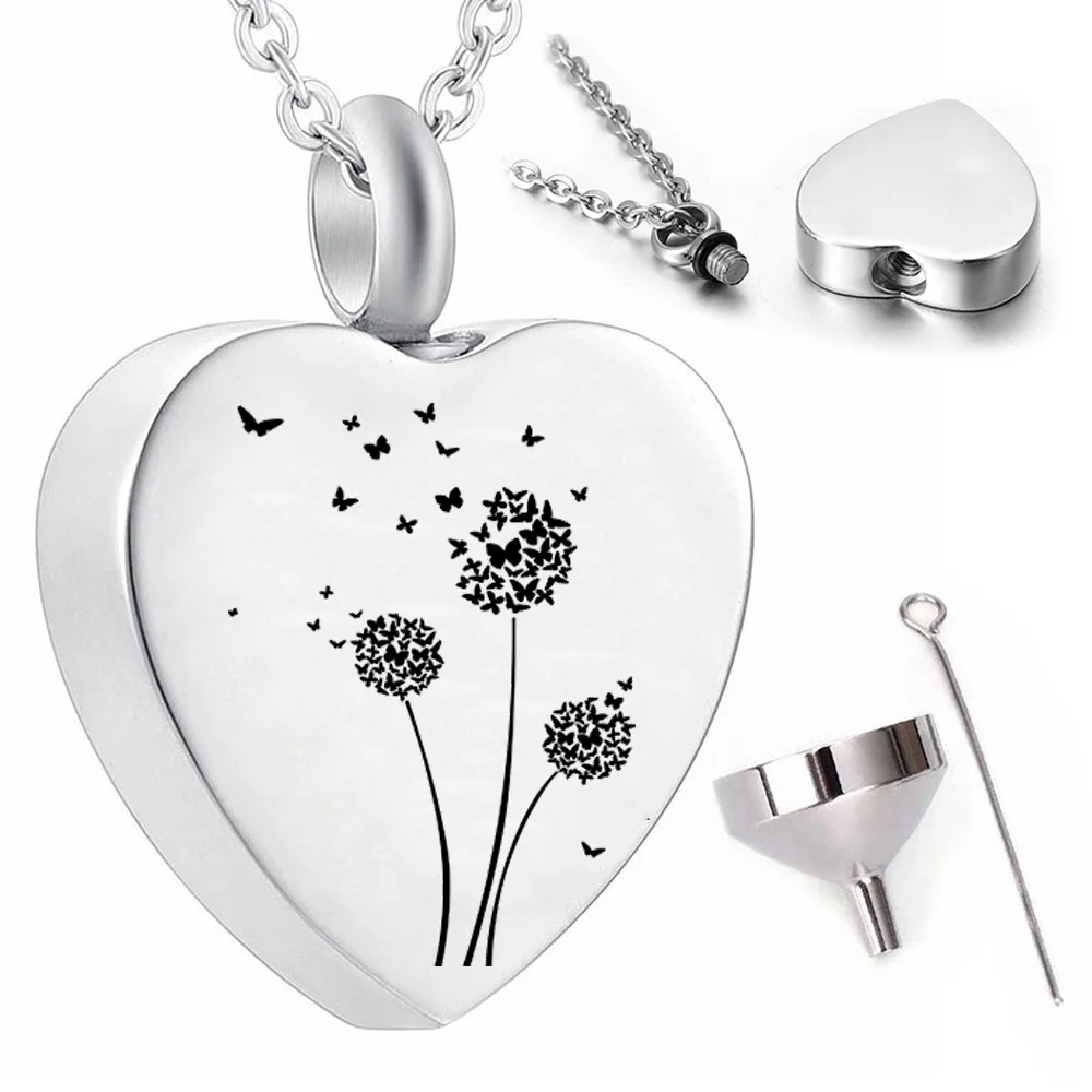 Stainless steel heart-shaped dandelion ashes pendant butterfly urn necklace cremation jewelry keepsake gift