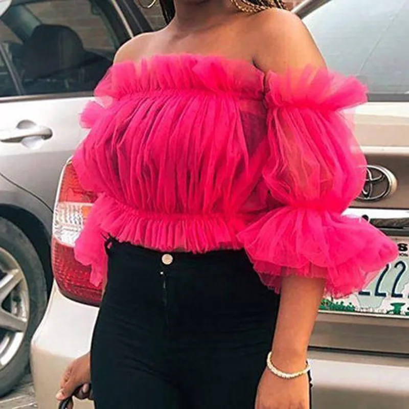 2020 Summer Chic Fuchsia Short Tulle Blouses Off The Shoulder Women Tops With Three Quarter Sleeves Blusas Summer Ropa Mujer