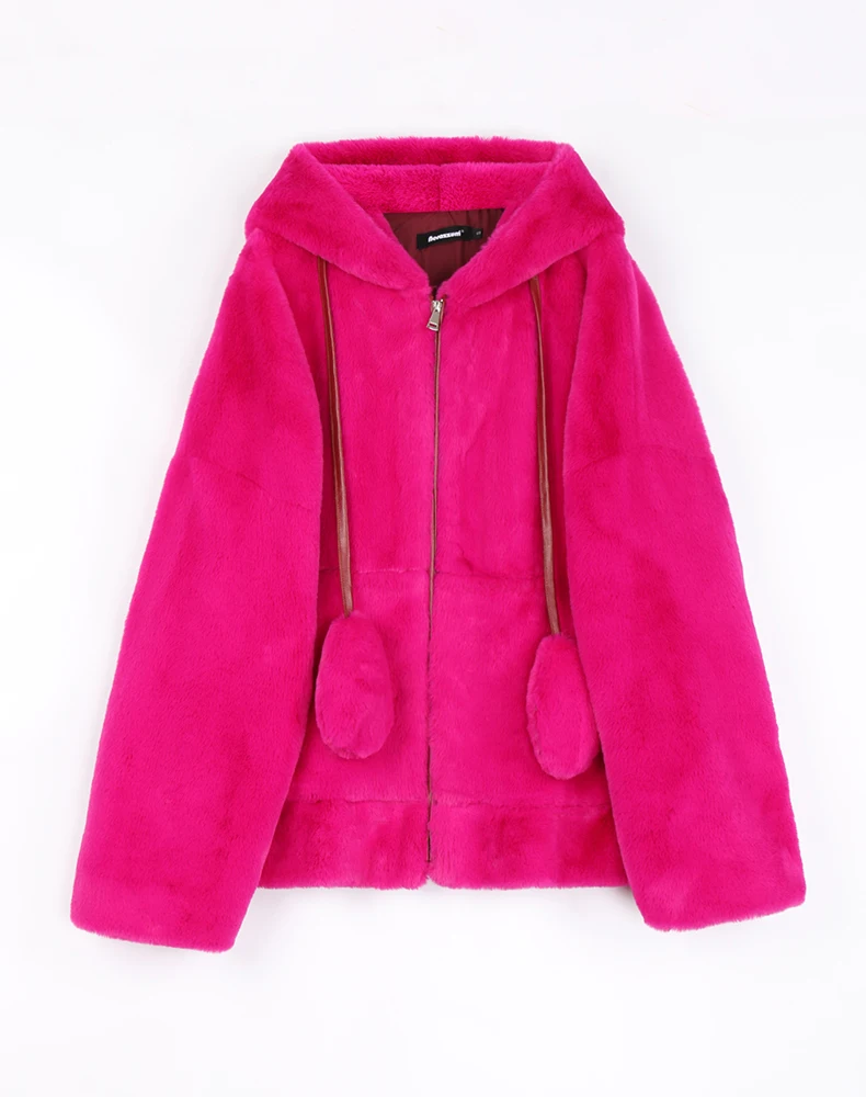 Nerazzurri Spring Fluffy Jacket with Rabbit Ears Raglan Sleeve Zipper Oversize Light Soft Harajuku Kawaii Faux Fur Hoodie 2021