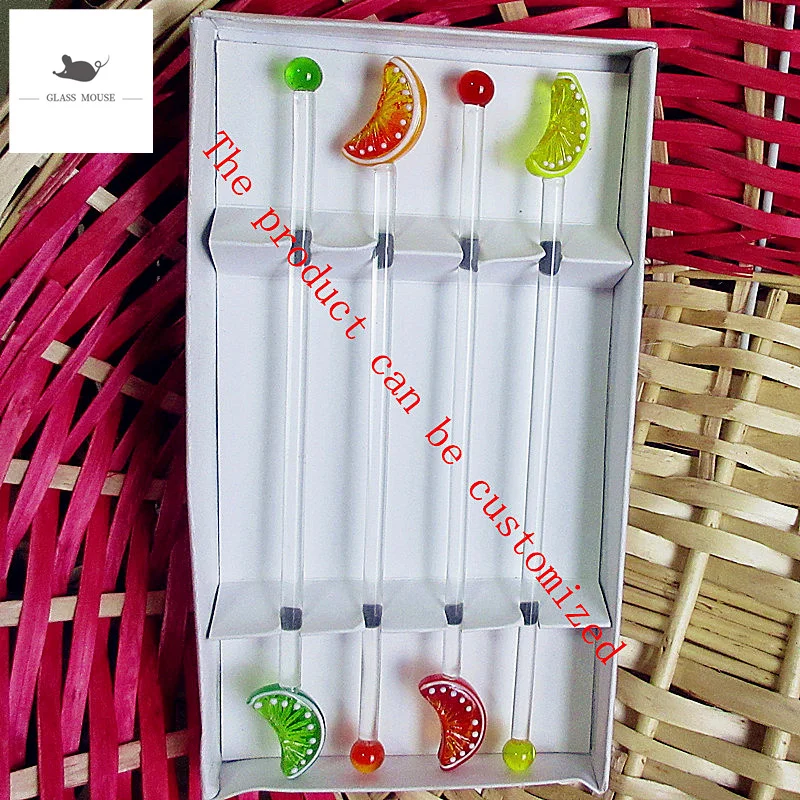 4pcs Coffee Muddler Tangerine slices head glass Stirring Sticks Cocktail Long Handle Stir Rod Drinks Muddlers Bar Swizzle Sticks