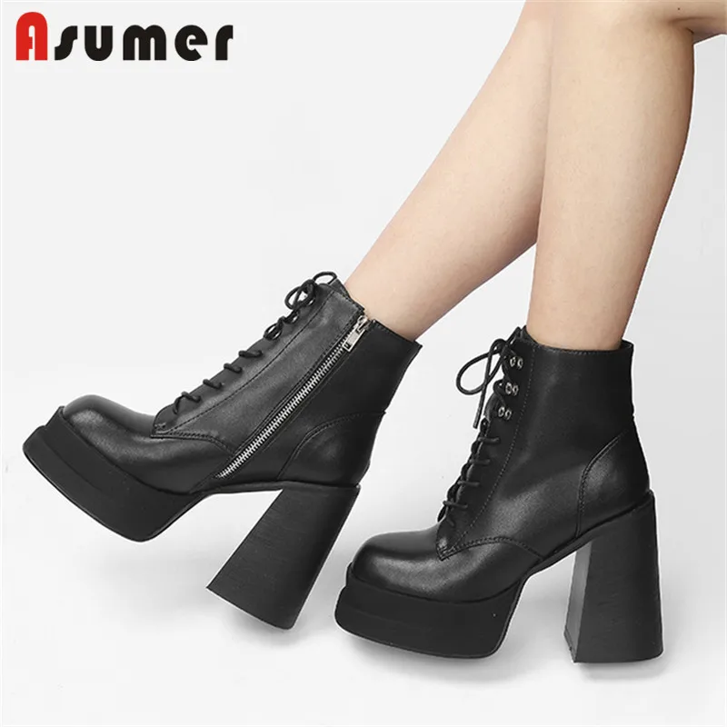 

Asumer 2022 Big Size 43 Sexy Super High Heels Platform Shoes Lady Boots Genuine Leather Shoes Cross Tied Rome Ankle Boots Women