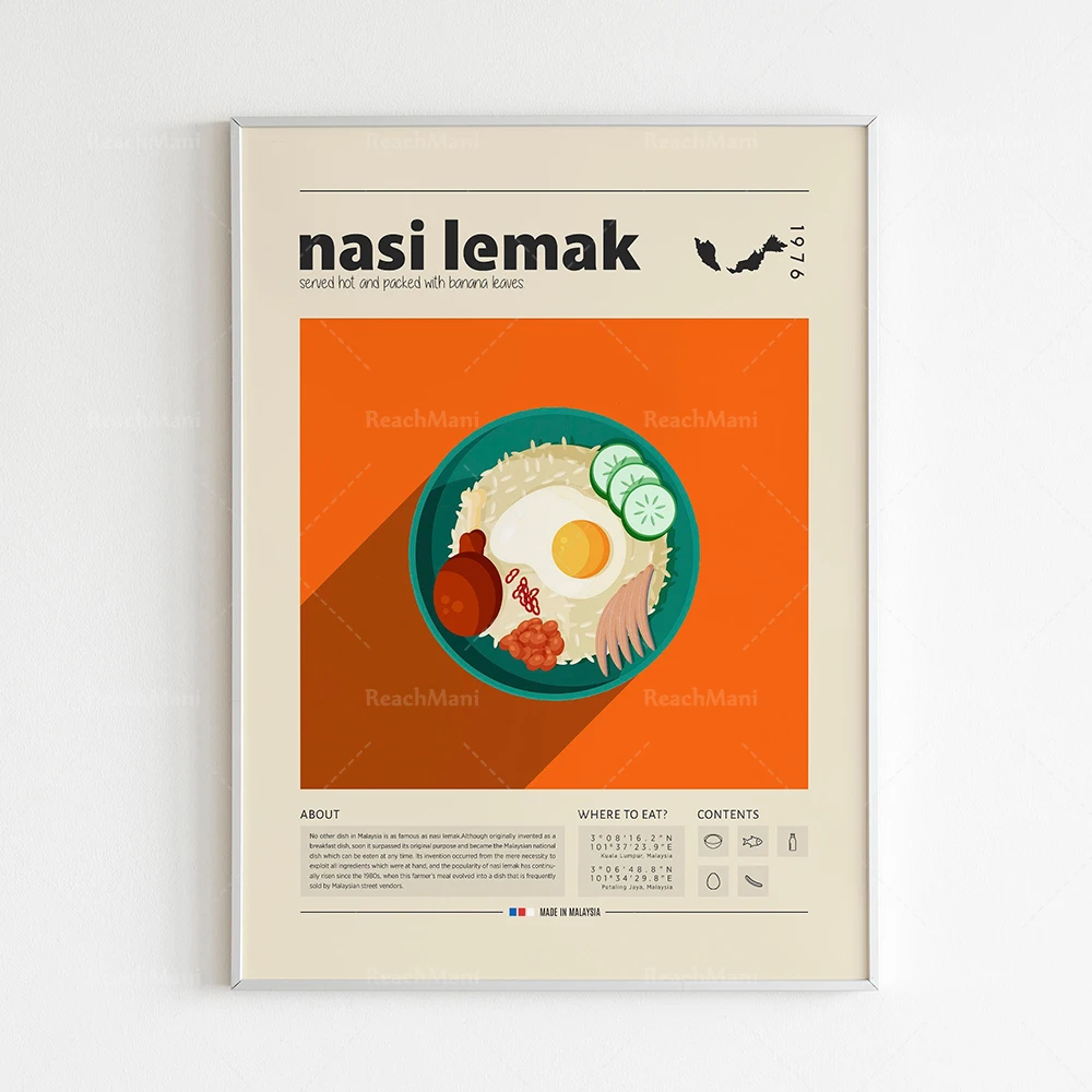 Food prints, paella, noodle soup, nasi lemak, Salade niçoise, Tahailan Pad Thai, Pastel De Nata Mexican food poster