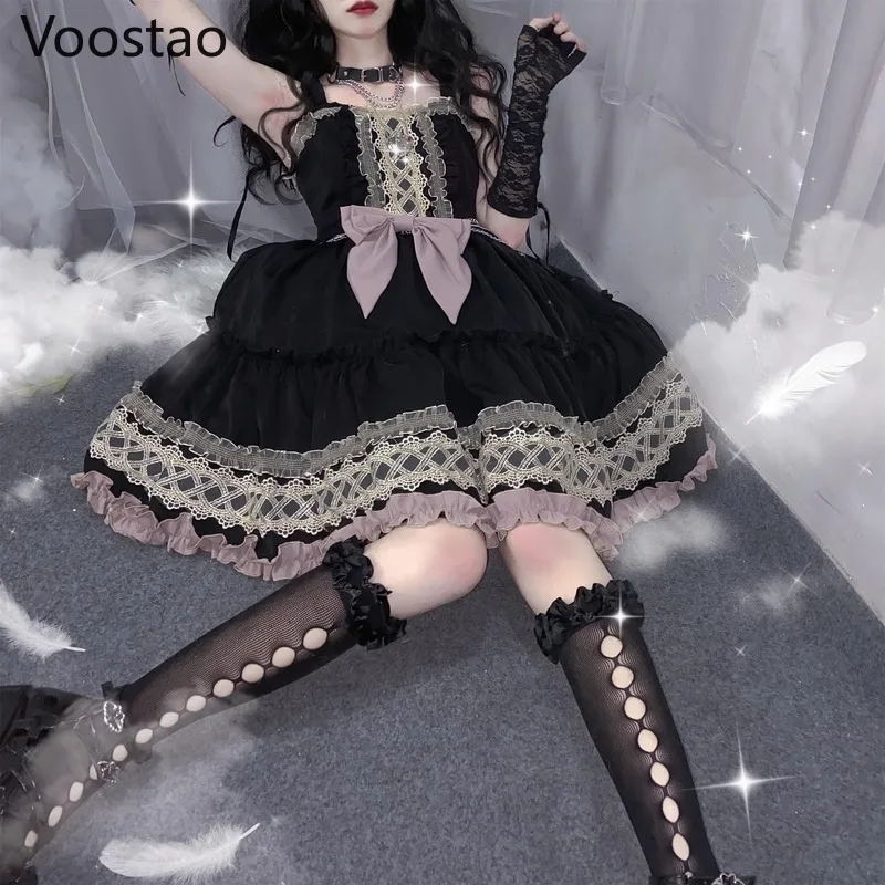 Robe Lolita gothique foncée pour filles, Vintage, BlackBerry gâteau, dentelle à volants, Cool Jsk, douce, sans manches, Punk, robe de soirée