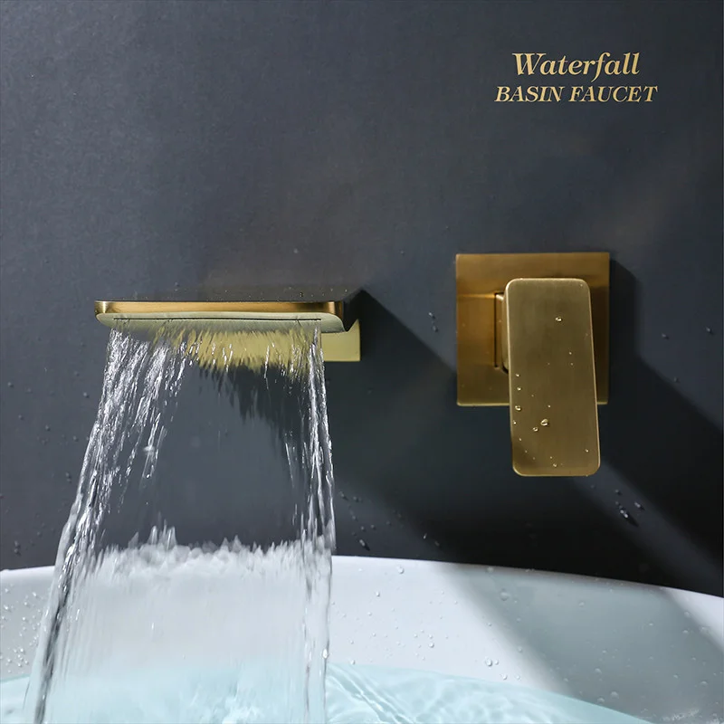 Bathroom Basin Faucet,Brushed Gold Waterfall Taps,Brass Sink Mixer,Hot and Cold In-Wall,Single Handle,Lavatory Crane Vessel