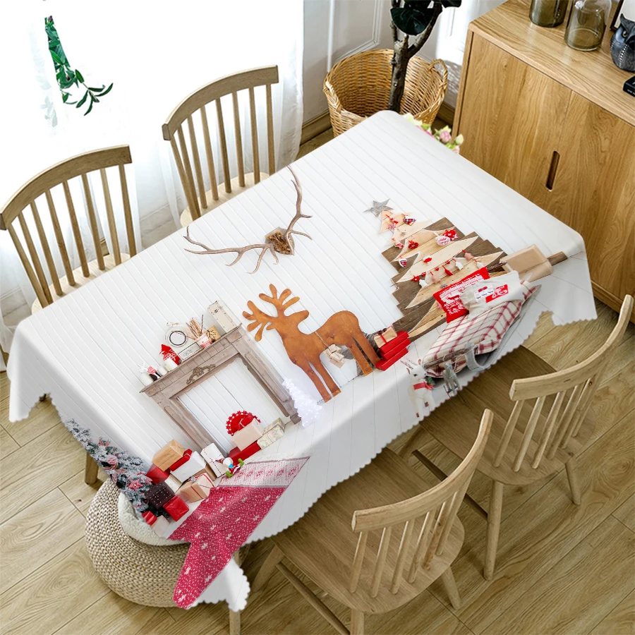 Thickened Cotton Tablecloth with Golden Christmas Tree Socks and Elk Pattern, Rectangular and Round Table Cloth, Cover Towel