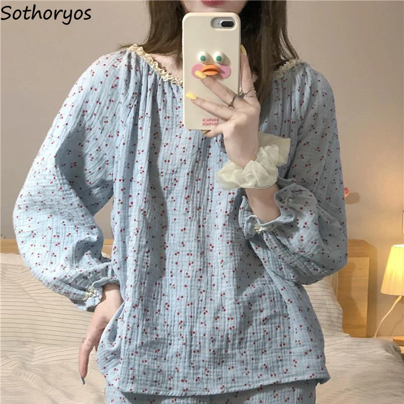 

Women Pajama Sets Drawstring Ruffles Printed Student Lovely Stretchy Korean Style Home Wear Simple Breathable Ulzzang Pajamas