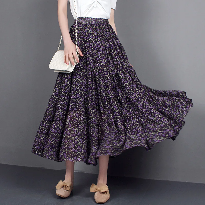 South Korean Version Of Summer Women's High-waisted Rural Small Fresh Floral Half-length Printed Elegant Chiffon College Skirt