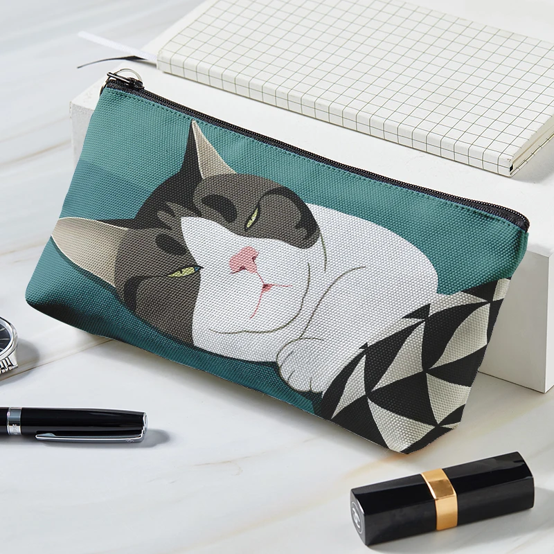 Bolsa de maquillaje de estilo japonés, bolsa de cosméticos de lona con estampado de gato lindo, bolsa de cosméticos portátil de gran capacidad para