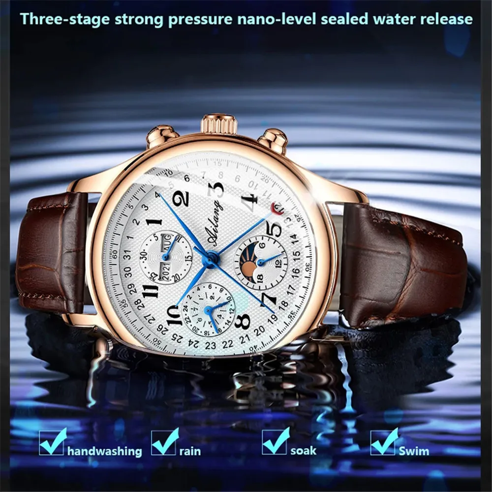 AILANG GMT Multiple Time Zone Moon Phase Automatic Mechanical Men Watch Fashion Stainless Steel Sports Watches Mens Reloj Hombre