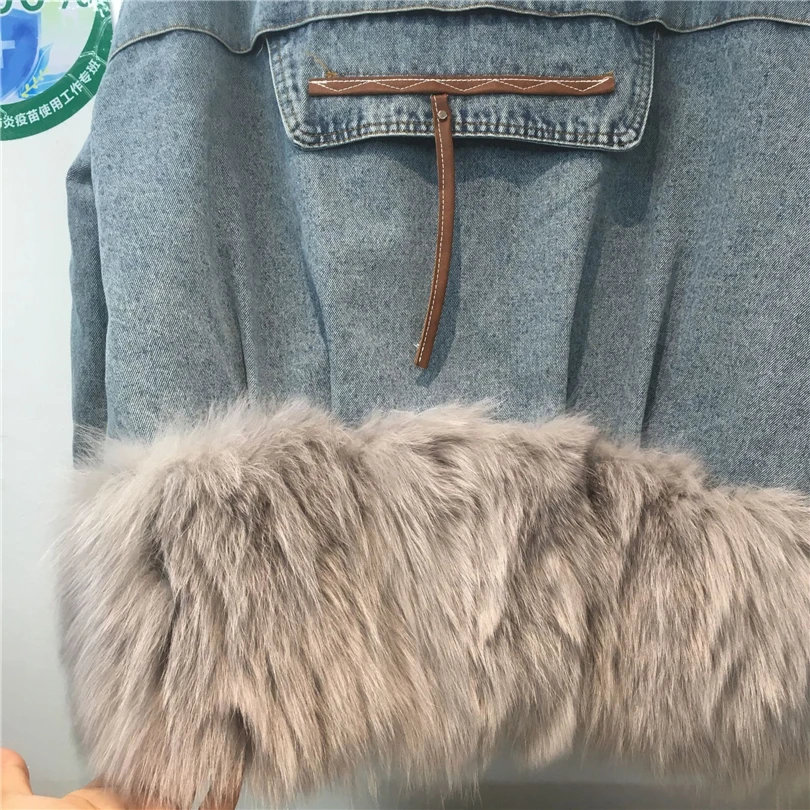 Denim parka for women mid-length patchwork fur coat real fox fur collar fur jacket 2023 new winter outerwear hipster streetwear