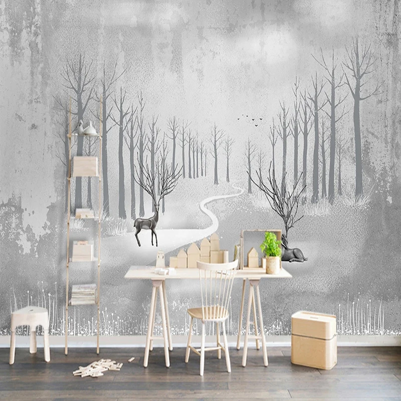 

Custom Self-Adhesive Wallpaper Modern Abstract 3D Black And White Wood Elk Landscape Mural Wall Paper Living Room TV 3D Stickers