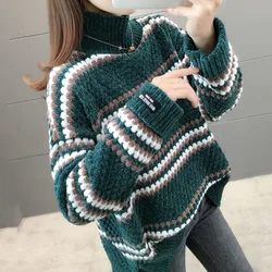 Vintage warm Chenille Sweater Womens Full Sleeve Velvet Sweaters Winter Ladies Solid Turtleneck Loose Female Jumpers 2022