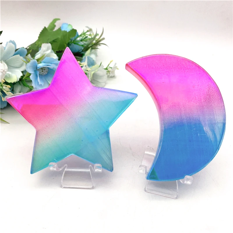 1pc Electroplated Blue and Pink Titanium Aura White Selenite Crystal Stars Moons Shaped Healing Crystal Stones Crafts Decor