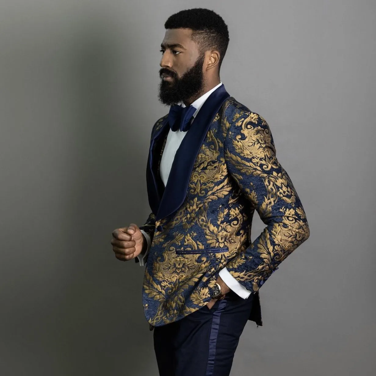 Costume décontracté pour hommes, Blazer à fleurs noir et or, Tuxedos de bal, châle en Tweed, veste de dîner à revers, pantalon avec nœud papillon pour marié