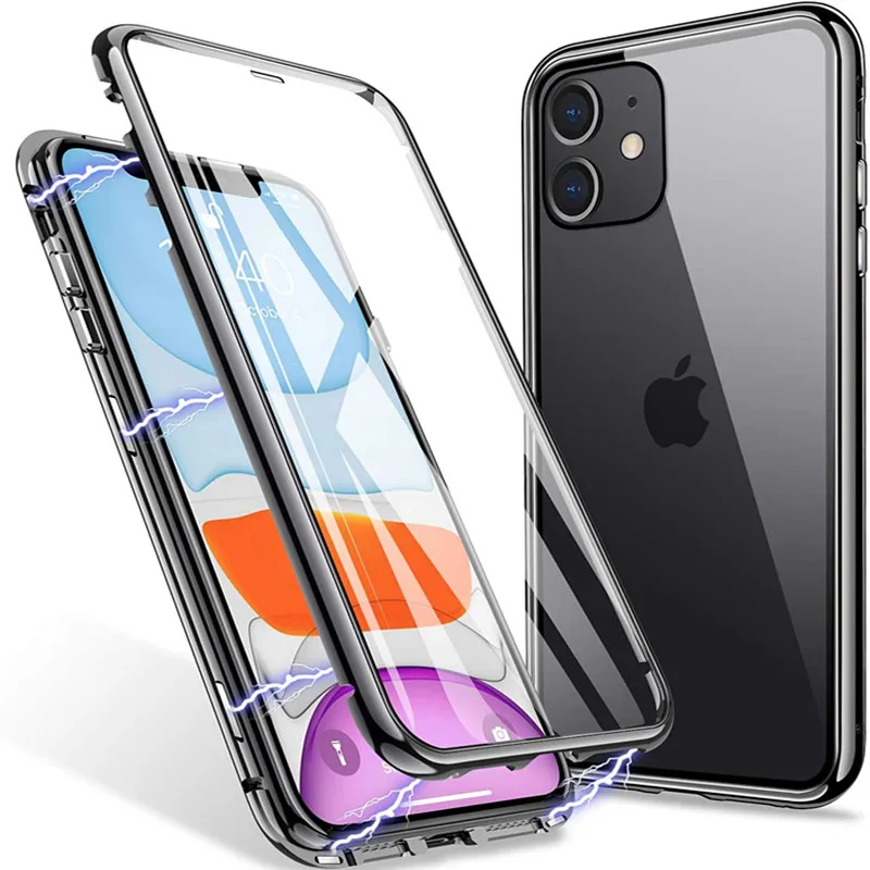 Metalowy magnetyczny futerał adsorpcyjny do iPhone 14 13 12 11 Pro XS MAX XR 8 7 Plus przezroczysty dwustronny szklany futerał magnetyczny