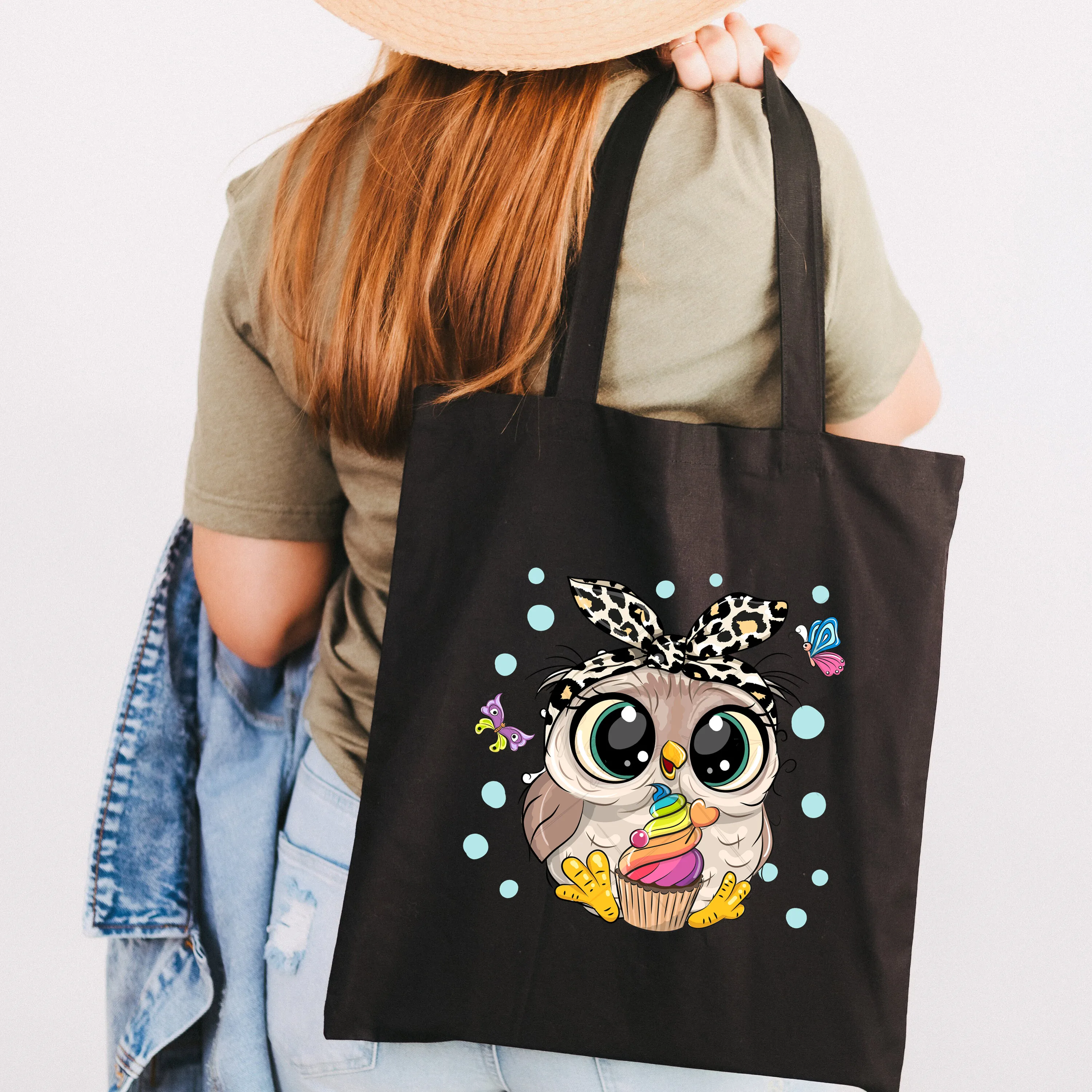 Owl Animal Cute Black Canvas Women Shopping Bags Kawaii Girl Shoulder Cloth Bags Reusable Shopper Teacher Student Book Bags