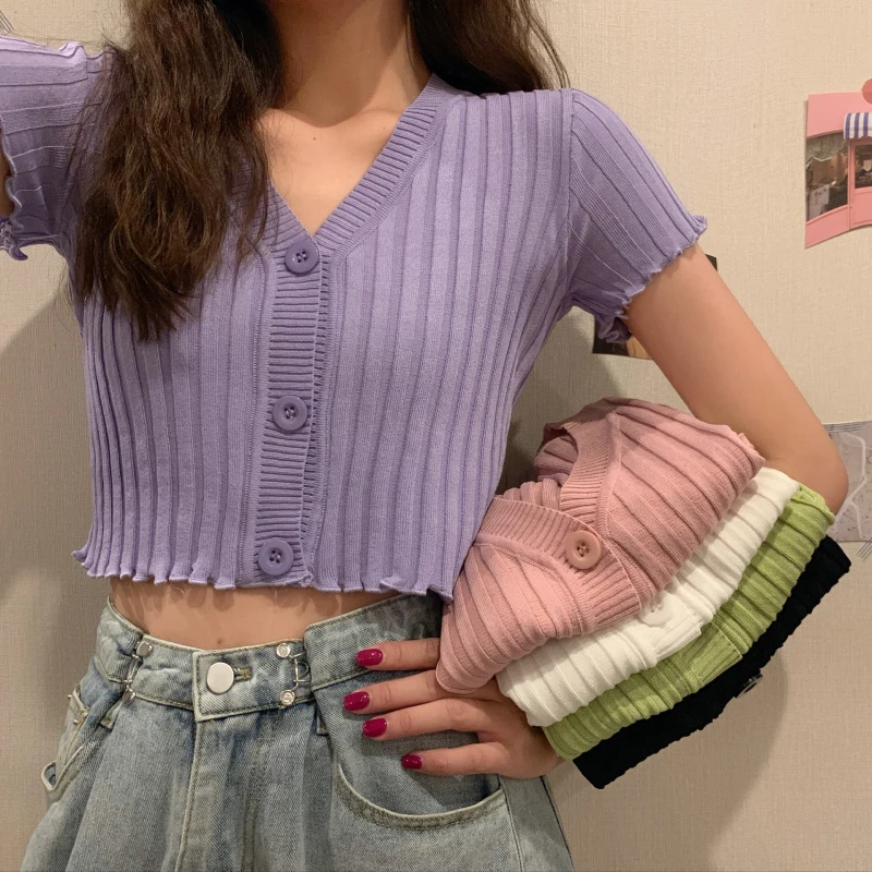 Sommer Frauen V-ausschnitt Strick Casual Kurzarm Strickjacken Dame Strick einreiher Pullover Shirts Crop Tops Für Mädchen