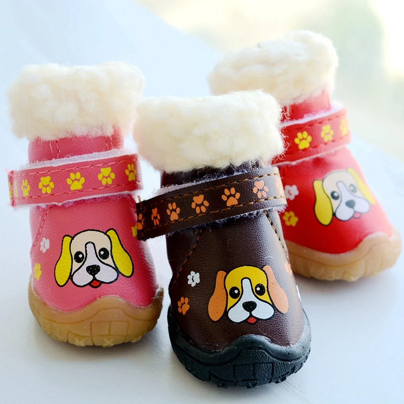 Dog Print Paw Shoes Autumn Winter With Fur Red Pink Brown Warm Snow Boots Waterproof Anti-skid and Wear-resistant Pet Supplies