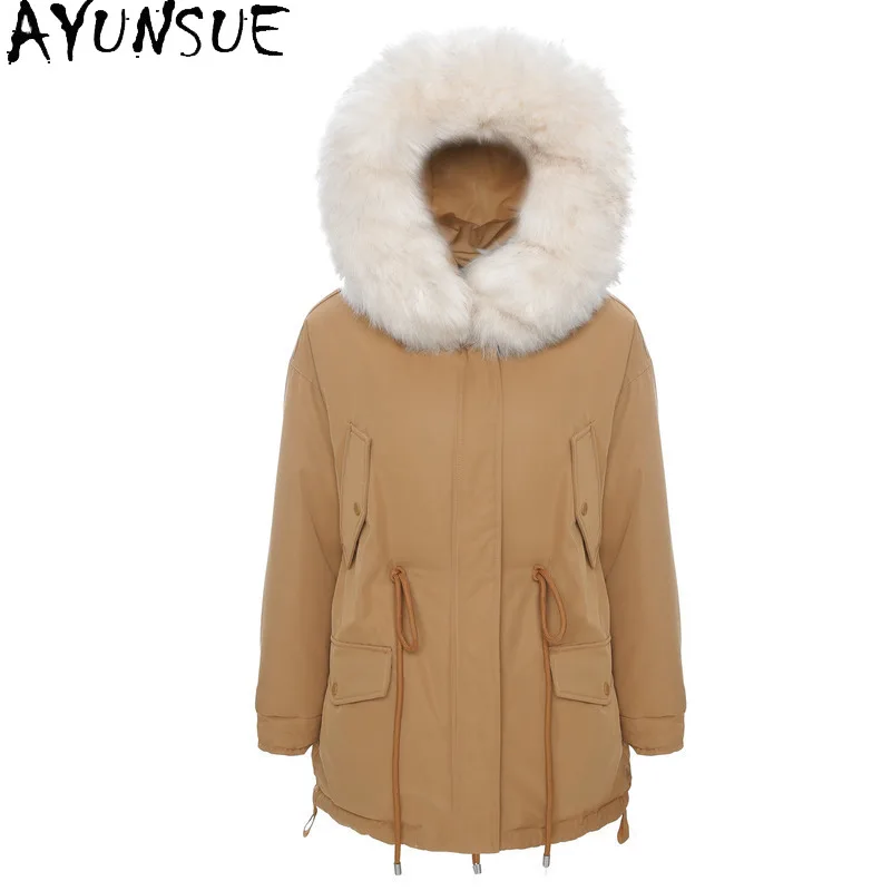 AYUNSUE Women's Winter Down Jacket Big Fur Collar Hodded Parkas Woman 90% white Duck Down Jackets Female Long Coats Casaco 2020