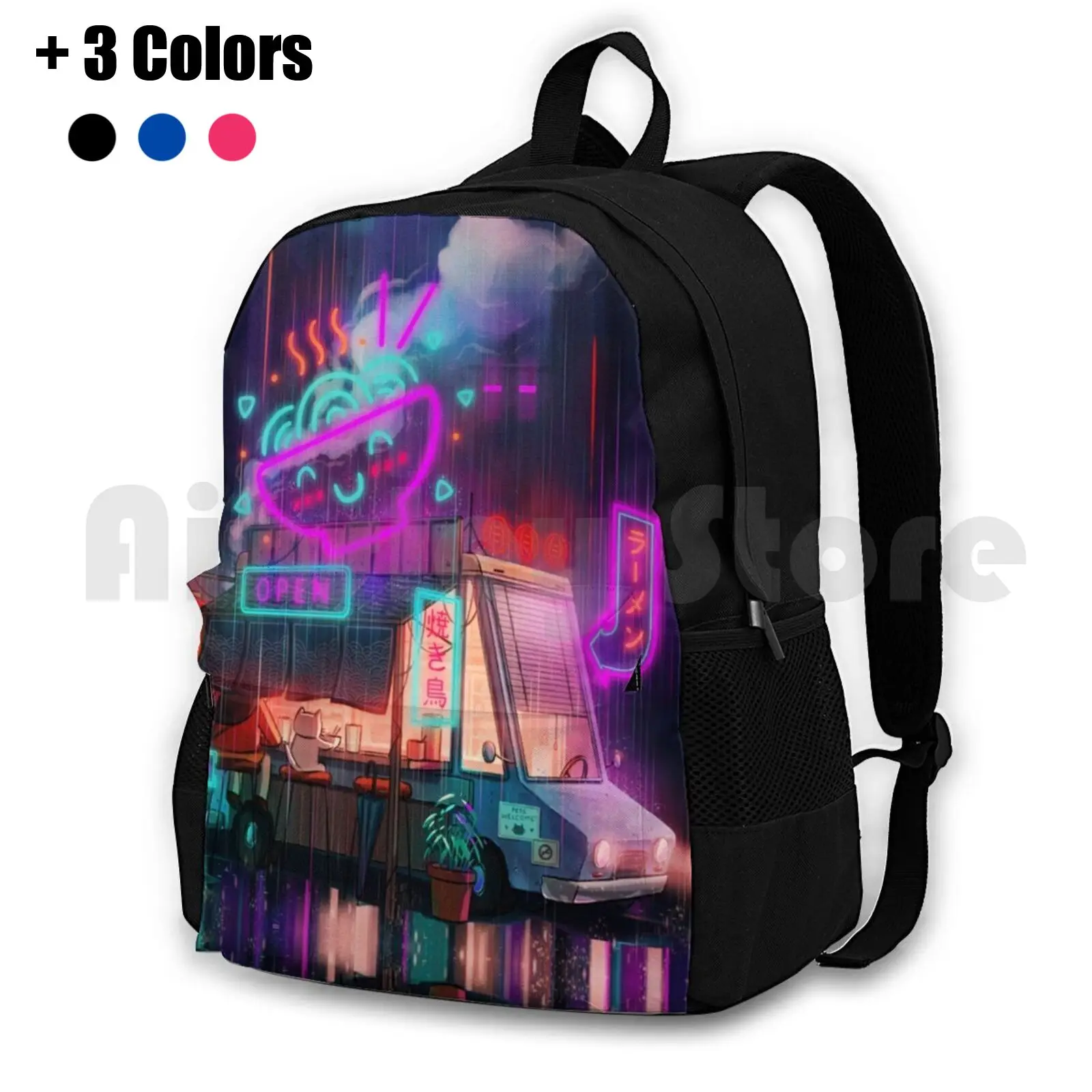 Midnight Ramen Outdoor Hiking Backpack Waterproof Camping Travel Ramen Anime Manga Shop Car Food Cat Cute Kawaii Noodles Night