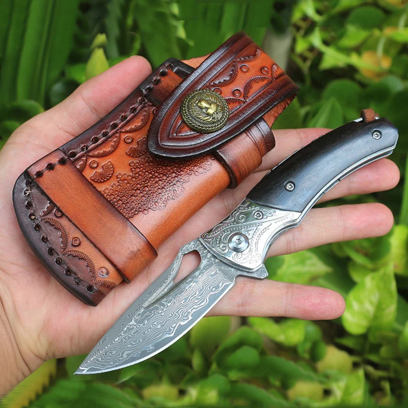 

Folding knife Free shipping High-end sharp Damascus steel blade Wooden handle camping tool outdoor the Precious gift knife