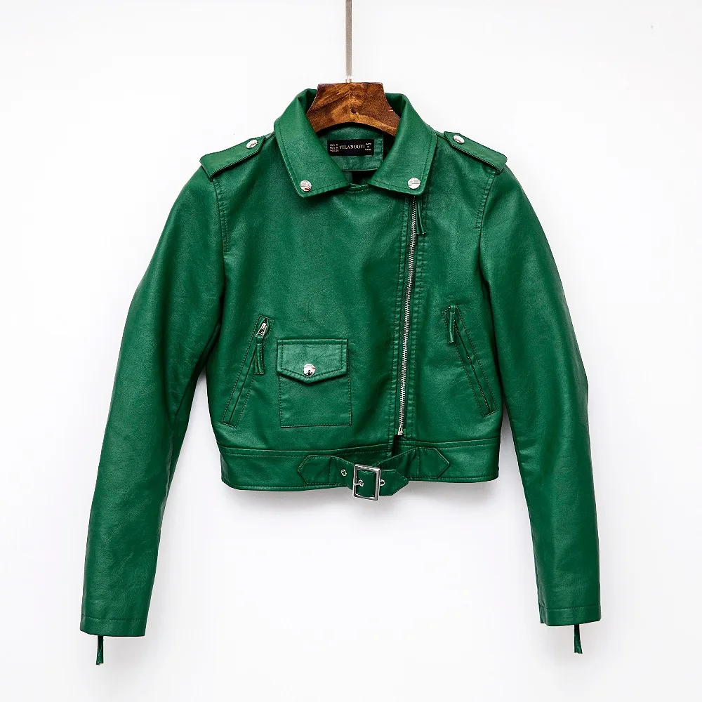 Pu Leather Jacket Women Fashion Bright Colors Black Motorcycle Coat Short Faux Leather Biker Jacket Soft Jacket Female Green Hot