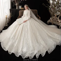 Shinny Wedding Dress Customized High Collar Covered Button Long Sleeves Korea Ball Bridal Gowns Real Work Vestido Noiva