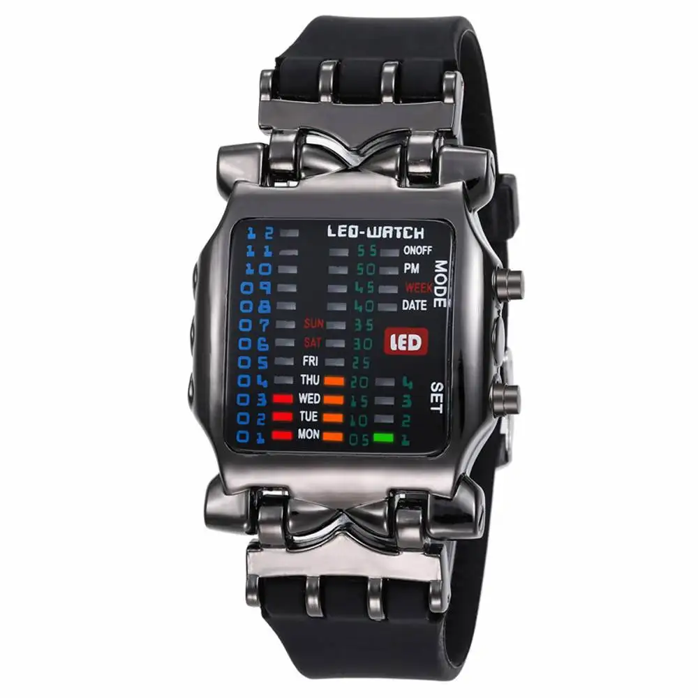 Boys Mens Binary Watch Fashion Binary LED Digital Wristwatch Date Square Dial Casual Plastic Strap Bracelet Watch