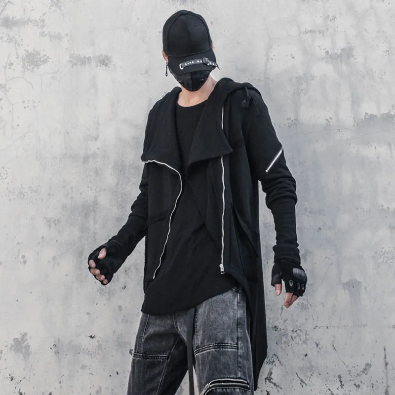 Irregular Asymmetric Cut Design Hoodie Sweatshirt 2022 Autumn Men Harajuku Hoodies Zipper Coat Hip Hop Streetwear Black Clothes