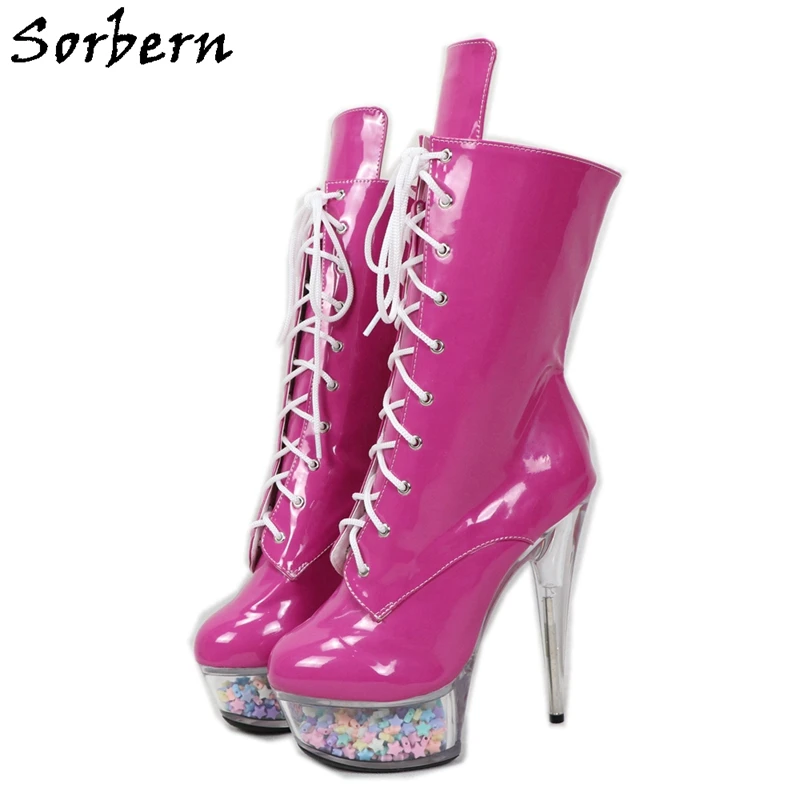 

Sorbern Peach Patent Ankle Boots For Women 15Cm Star Fillings Platform Short Ladies Boots Lace Up Perspex Clear Heels Lace Up