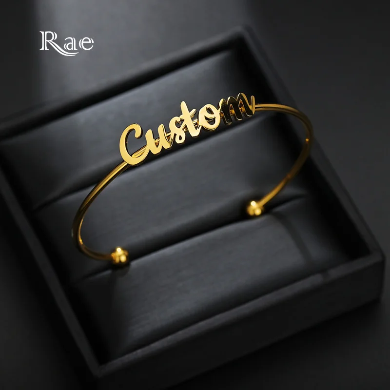 Raexrage Minimalism Custom Name Bracelet for Women Girls Stainless Steel Beads Adjustable Bangle Bracelet Lucky Charm Jewelry