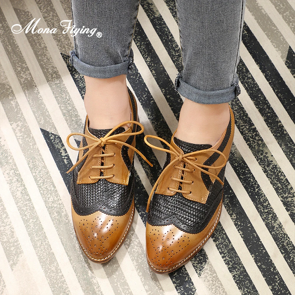 Mona Flying Women vera pelle Wingtip Oxfords Derby Brogues scarpe stringate Comfort fatte a mano per donna B098-9