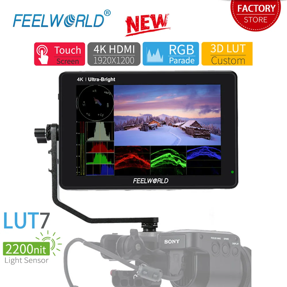 FEELWORLD LUT7 7 Inch Camera Field Monitor 2200nits Touch Screen 3D LUT 4K HDMI Monitor with Waveform VectorScope Histogram Mode