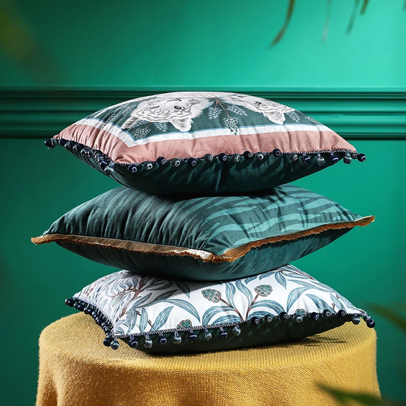 Pillow Cover Cushion American Green Forest Tiger Head Velvet Sofa Cushion Bedside Cushion Living Room Pastoral Pillow Cover