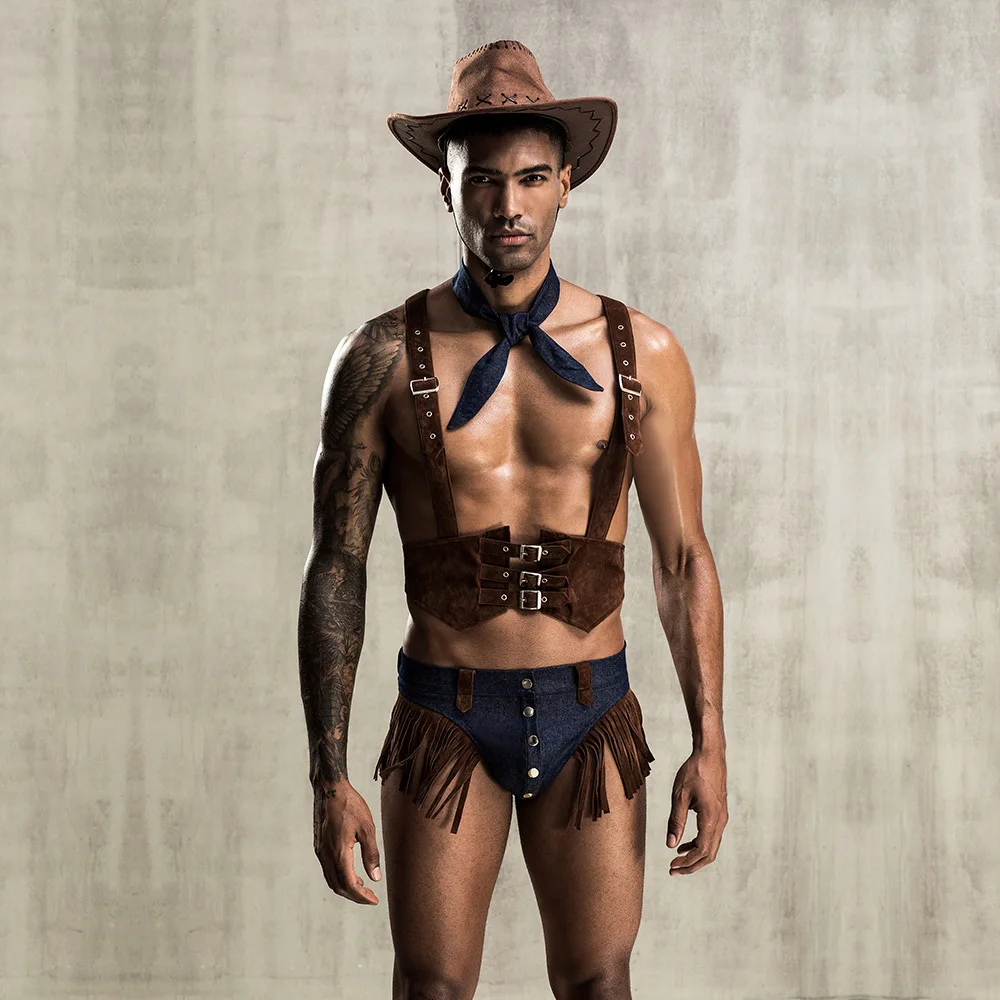 4Pieces Mens Role Play Sexy Cowboy Uniform Set Cosplay Gay Bar Dance Costume Outfit