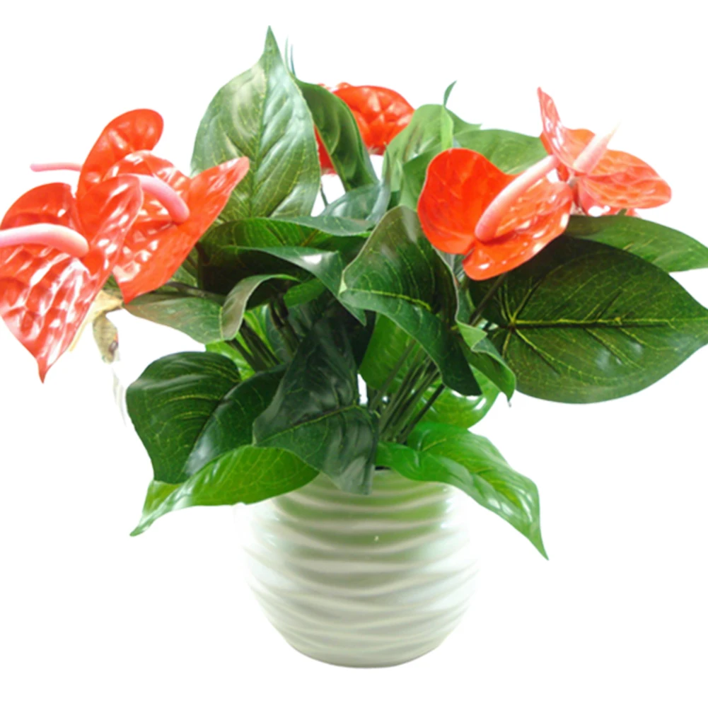 

Hot Sales Artificial Flower 1Pc 3 Heads 9 Leaf Artificial Anthurium Flower Plant Green Potted Office Desktop Bonsai Decor Garden