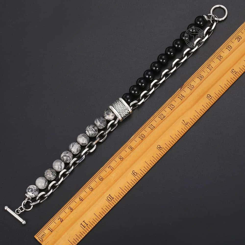 Trendsmax Natural Map Stone Men's Beaded Bracelet for women Stainless Steel Bracelets Male Jewelry Tiger eye 8 9 10 inch DB33 image 5