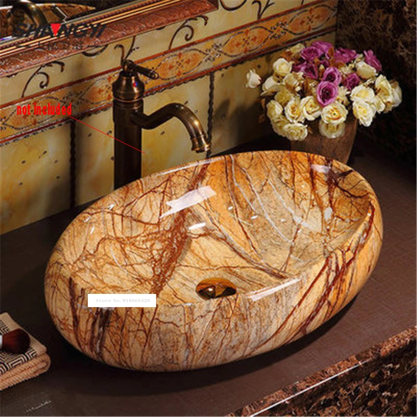 Hand Washing Sink Creative Stone Grain Series Above Counter Basin Bowl SY-50381S High Temperature Firing Oval Ceramic Sink