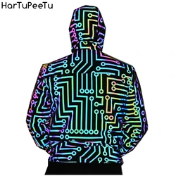 Women Reflective Jacket Hip Hop Windbreaker Night Sport Coat Hooded Fluorescent Clothing Circuit Geometric Pattern Rainbow Men