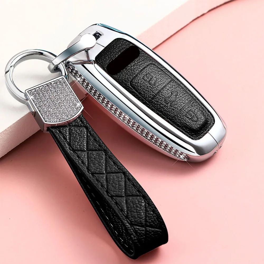 Diamond+Leather Car Key Case Protector Cover Holder Shell Skin Accessories For Audi A6L A7 A8 Q8 E-tron C8 D5 2019 2020 Styling