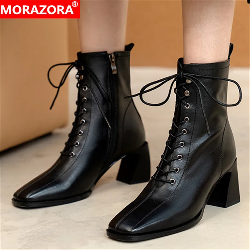 

MORAZORA 2022 Newest Genuine Leather Boots Women High Heels Dress Office Shoes Cross Tied Zip Autumn Ankle Boots Women Black