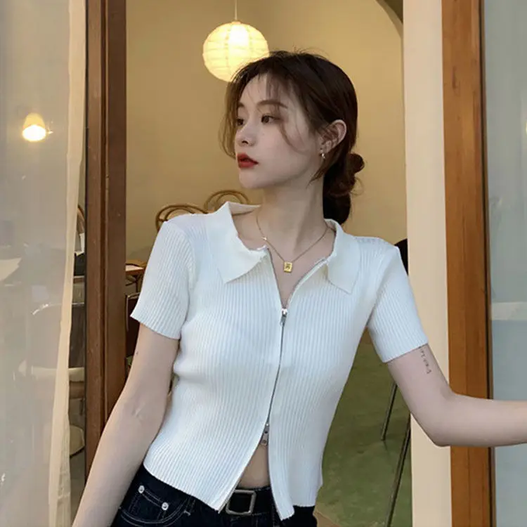 Woman TShirts Knitwear Girl Short Sleeve Double Zipper Summer Polo Shirt T-shirt Crop Top Mujer Camisetas