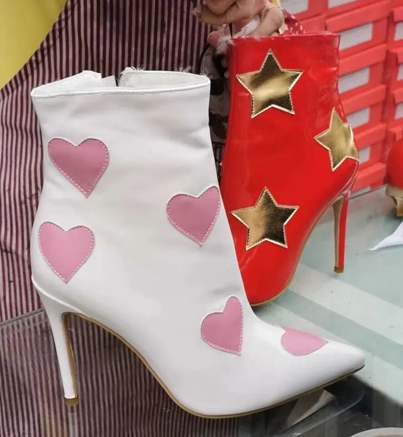 Fashion Heart Five Pointed Stars Patched Woman Ankle Boots Thin High Heel Dance Boots Pointed Toe Zipper Spring Motorcycle Boots