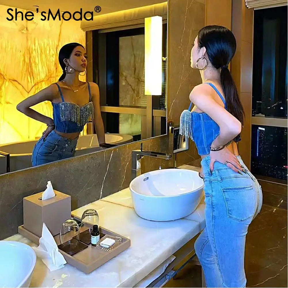 She'sModa Denim Jeans Women's Button Diamonds Push Up Bustier Bra Night Club Party Cropped Top Vest Plus Size