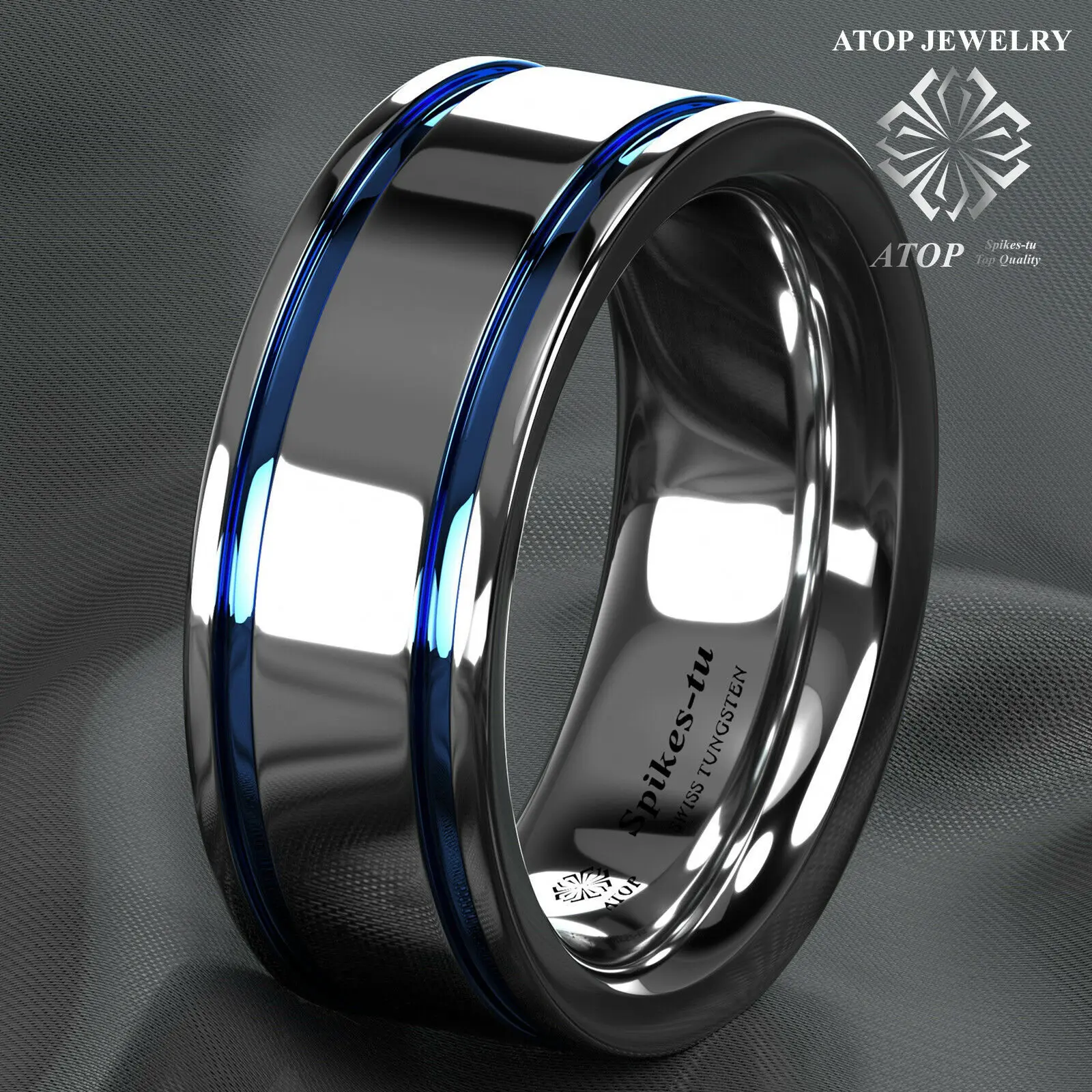 8Mm Men\'s Tungsten Carbide ring Double Blue Stripe Wedding Band Ring Comfort Fit Free Shipping