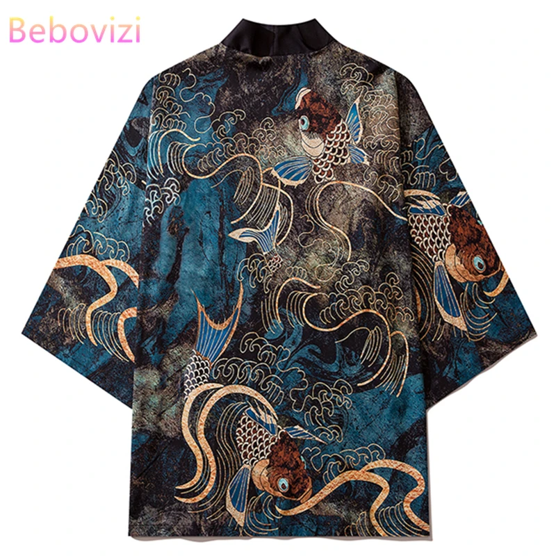 Women Japanese Samurai Yukata Female Men Asian Clothes Kimono Cardigan Shirt Haori Women Traditional Carp Print Kimono Pants Set