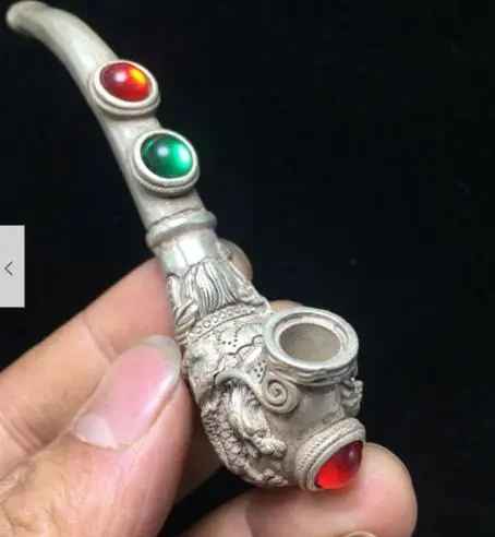 Tibetan Silver copper Dragon Head pipe Smoking Tool Statue Sacred Tobacco rod